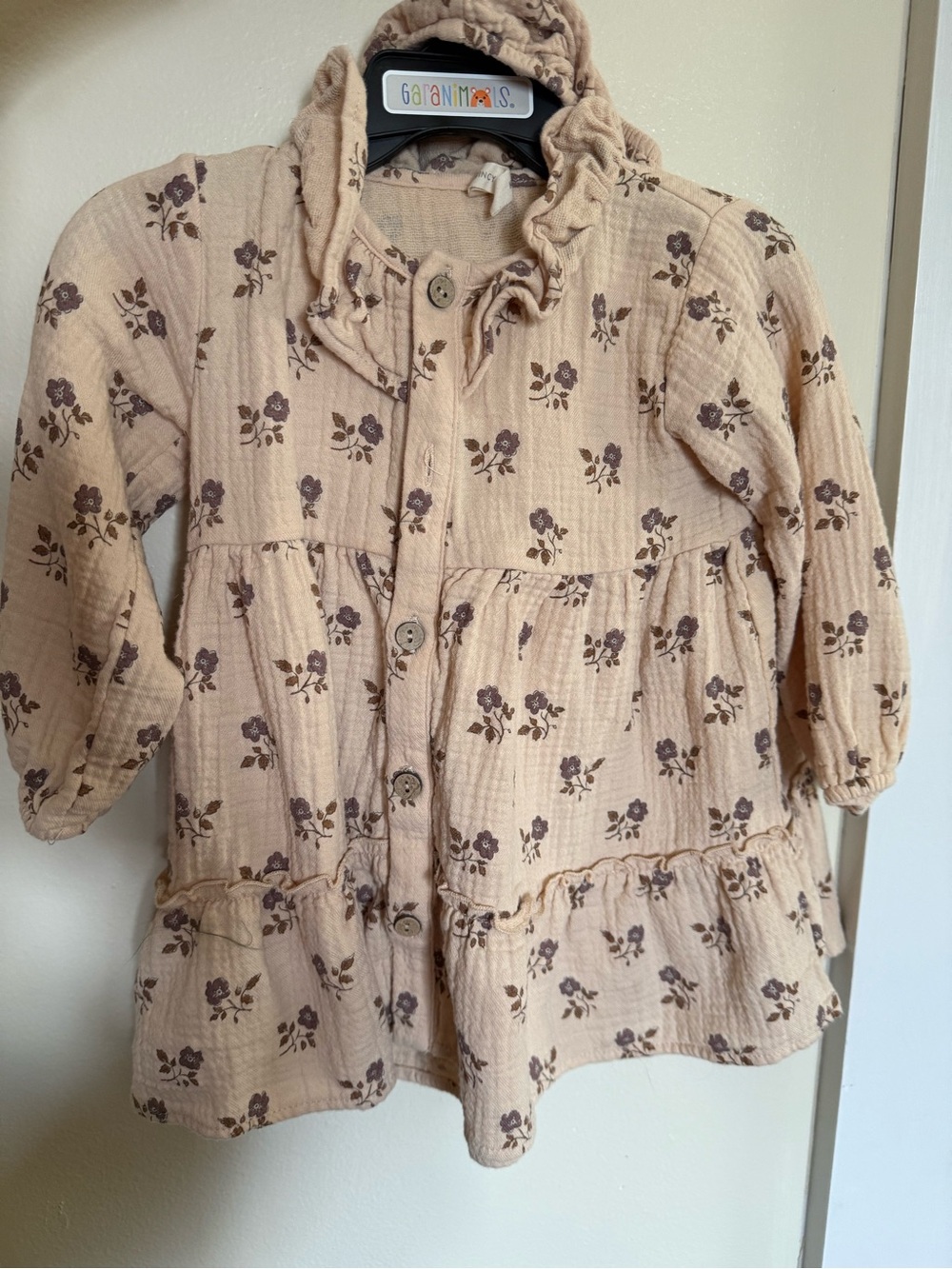Quincy Mae Tan/Dark Mauve? Floral Button-Front Ruffle Dress and Bloomer 12-18